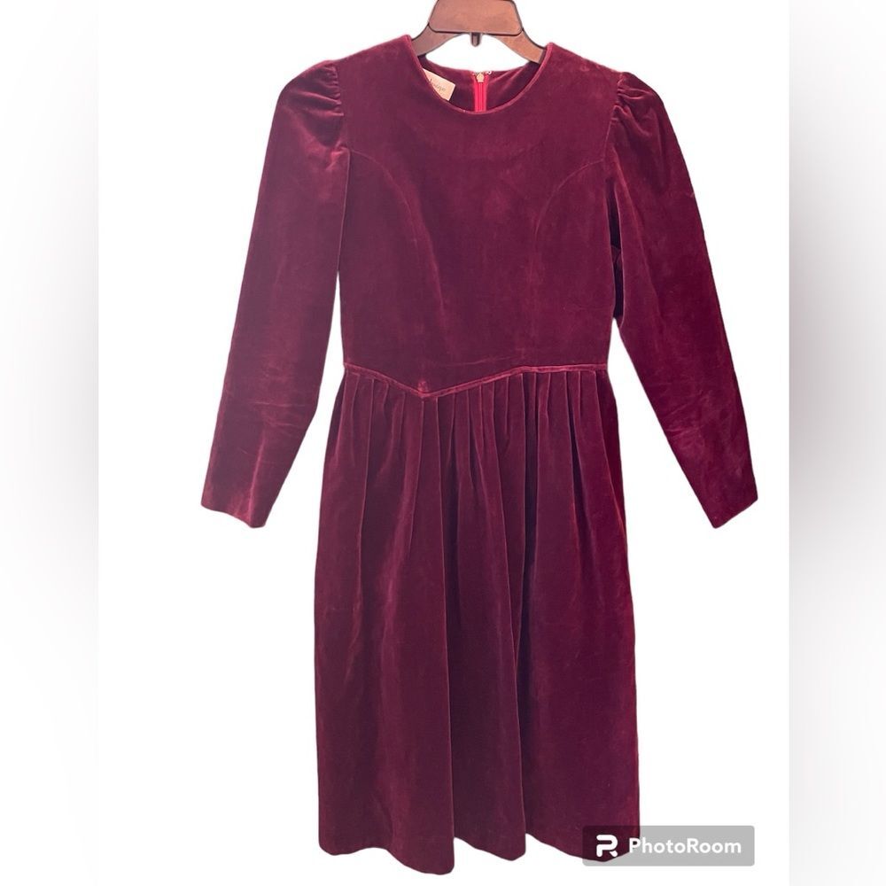Vintage Christian Dior Boutique Velvet Dress 90s Maroon Long Sleeve Midi Sz 2 4